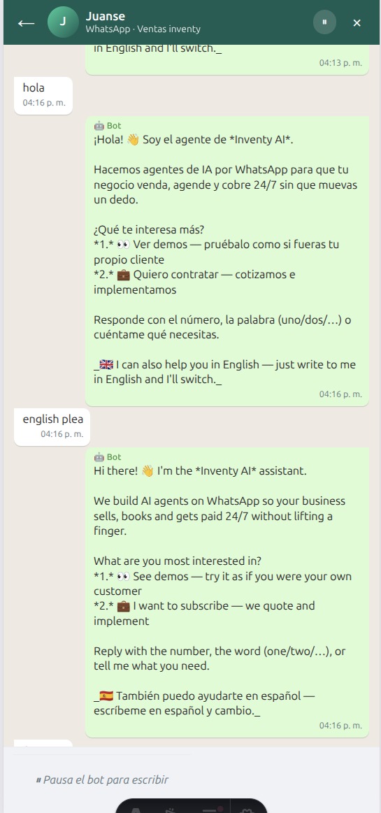 Bot Inventy respondiendo en WhatsApp